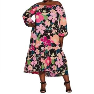 City Chic Plus Size Flower Pop Dress Black Pink Blue Off-Shoulder — Size XXL/24